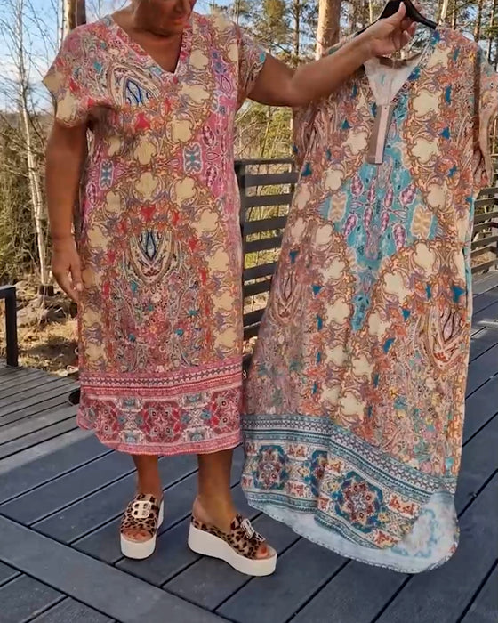 Jurk V-Hals Korte Mouwen Bedrukt Recht