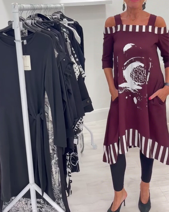 Jurk Off-Shoulder Onregelmatig Loose Print