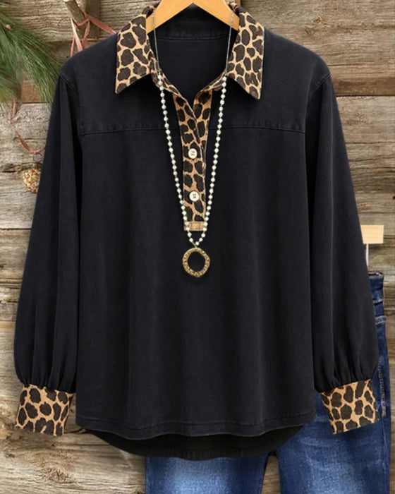 Top Luipaardprint Revers Patchwork Knoop