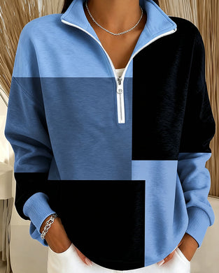 Sweatshirt Geruit Kleurblok Rits Staande-Kraag