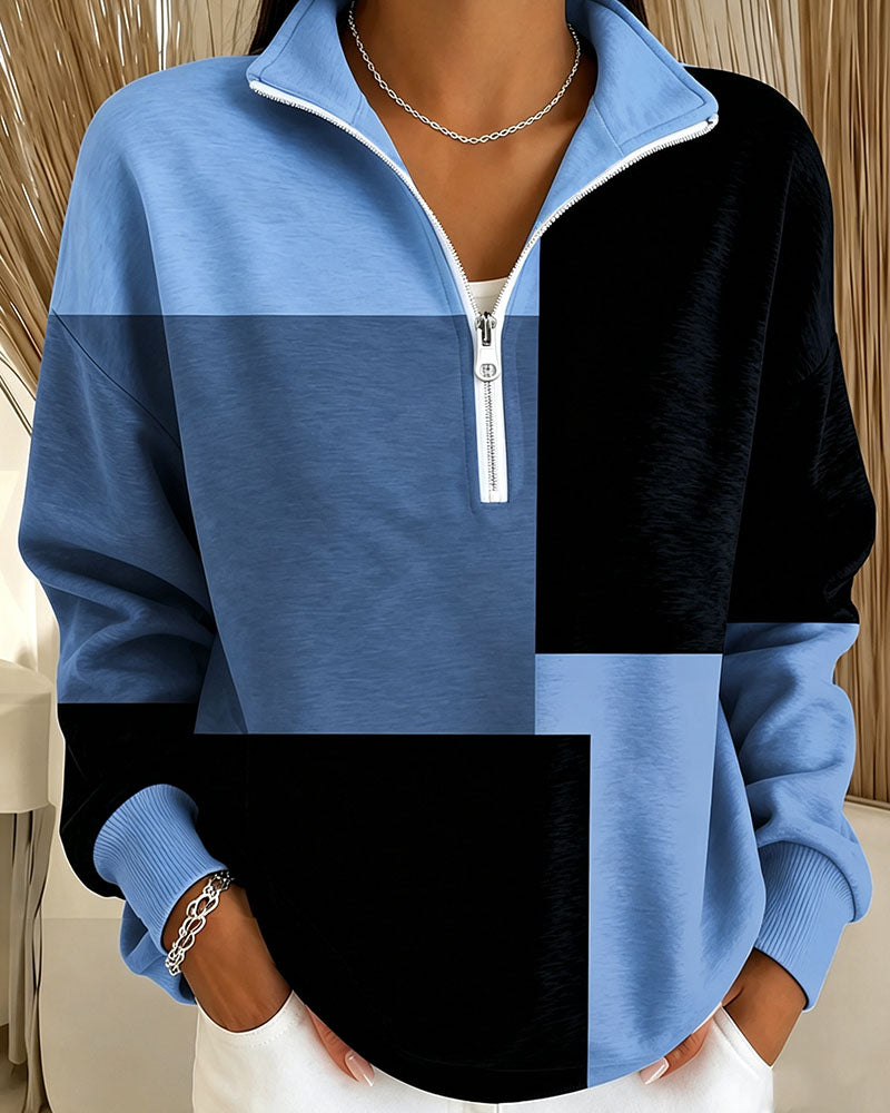 Sweatshirt Geruit Kleurblok Rits Staande-Kraag
