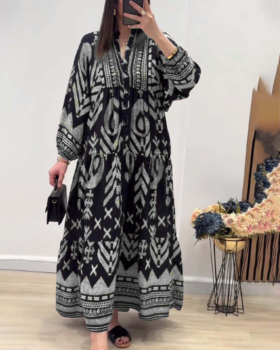 Jurk met V-hals en lange mouwen met print