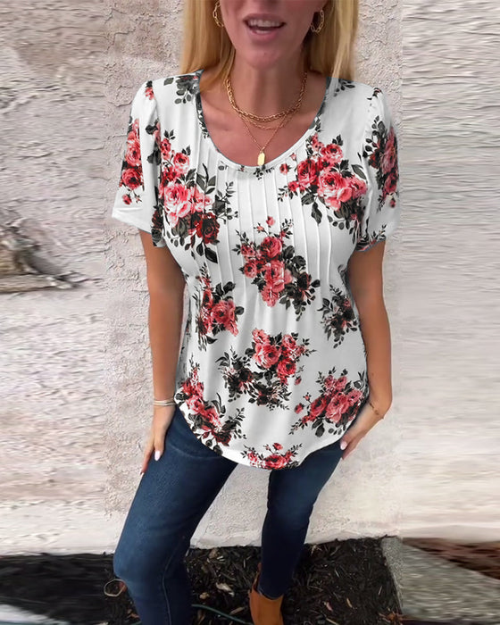 T-Shirt Met Ronde Hals Bloemenprint Geplisseerd
