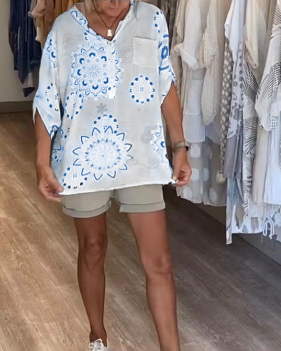 Blouse Veelzijdig V-Hals Bedrukt Halve Mouwen