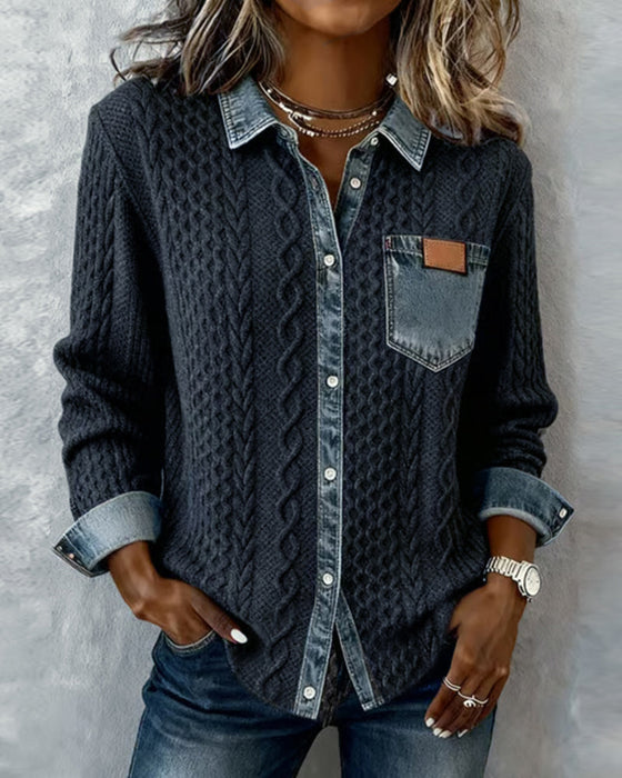 Langmouwige Blouse Met Denim-Patchwork