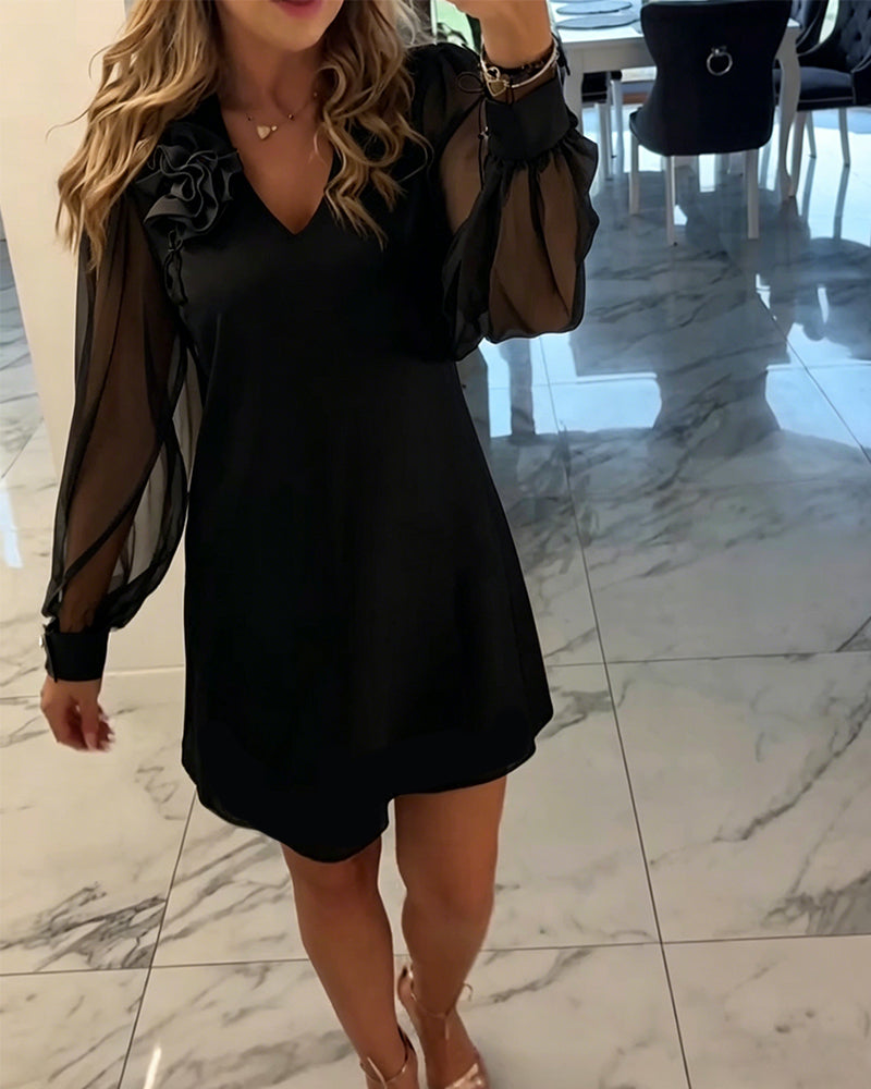 Jurk Driedimensionale Bloem V-hals Lantaarn Mouw