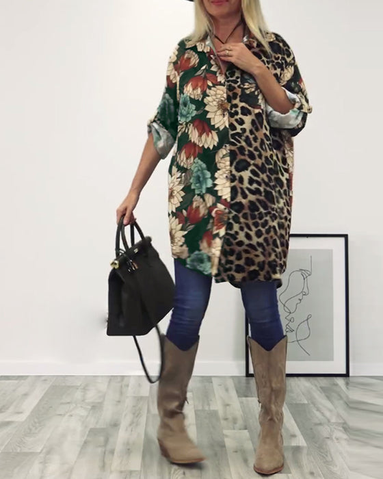 Revers overhemd met patchwork en luipaardprint