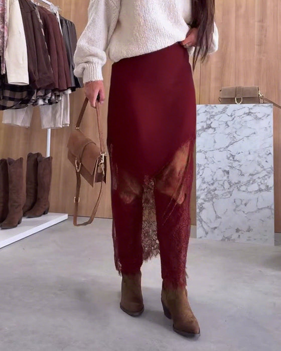 Elegante Satijnen Rok Met Kanten Patchwork