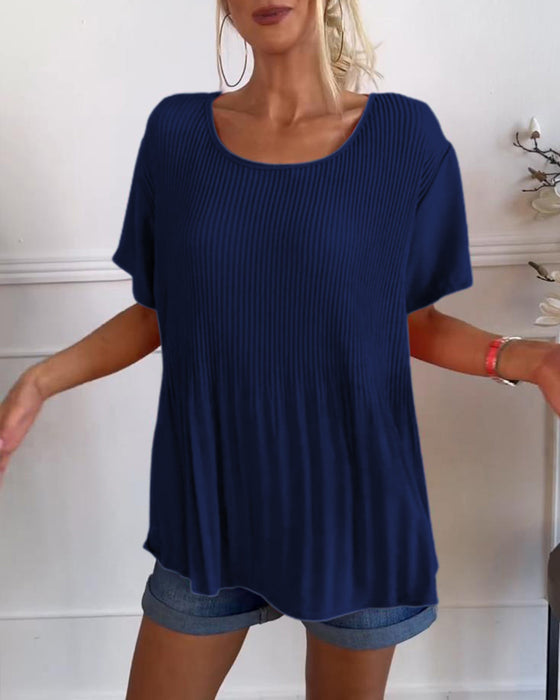 Effen gekleurde geplooide blouse met ronde hals