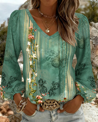 Blouse Bloemen V-Hals Pofmouw