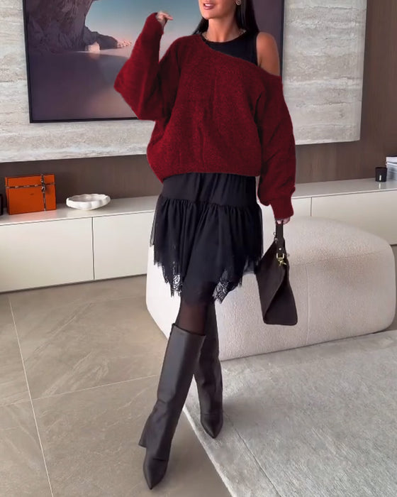 Off-Shoulder Wijd Trui & Kant Zoom Jurk