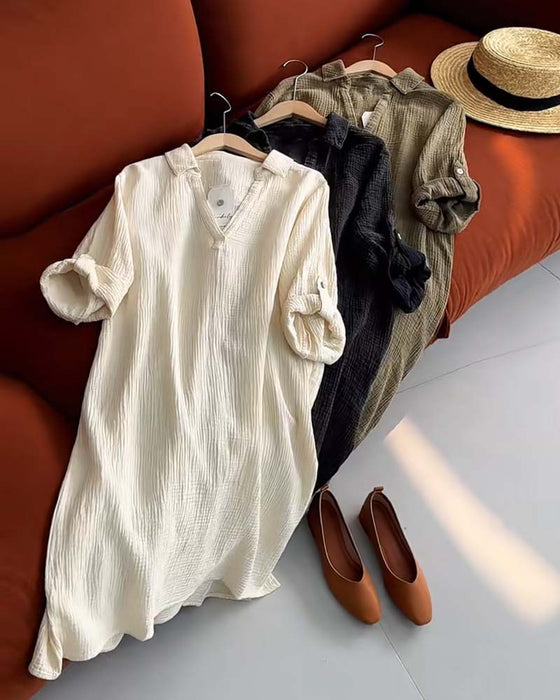 Jurk Lange Mouwen Effen Kleur Eenvoudige Revers