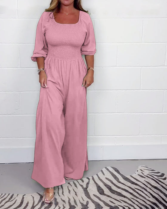Jumpsuit met vierkante hals en zak in effen kleur