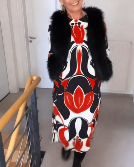 Bedrukte ronde hals jurk