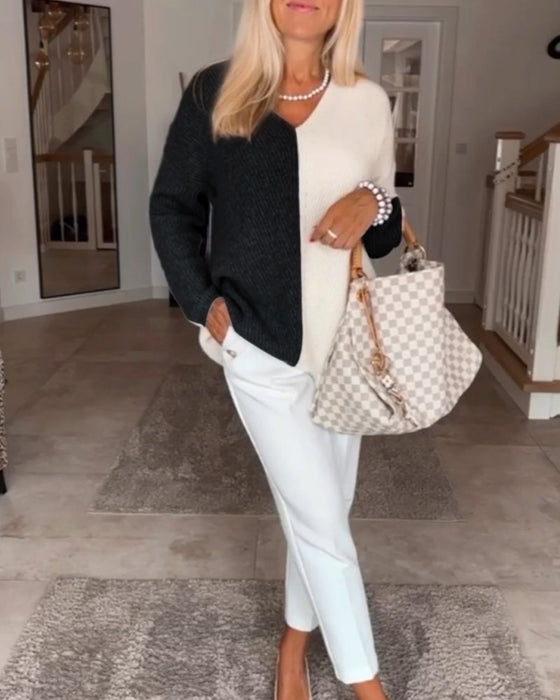 V-hals trui met kleurblok