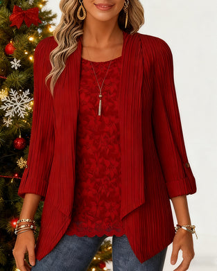 Geribde Top Met Faux Twee-Delige Look En Patchwork