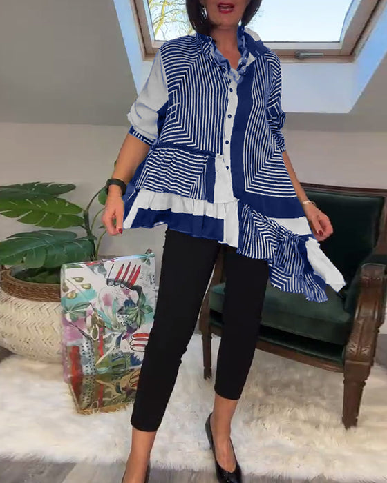 Modieus overhemd met onregelmatige patchwork-knopen en print