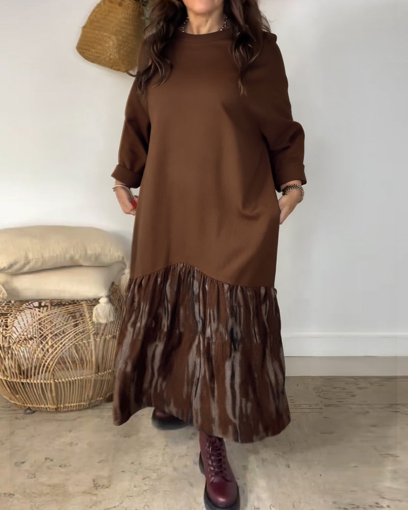 Jurk Ronde Hals Onregelmatige Patchworkprint