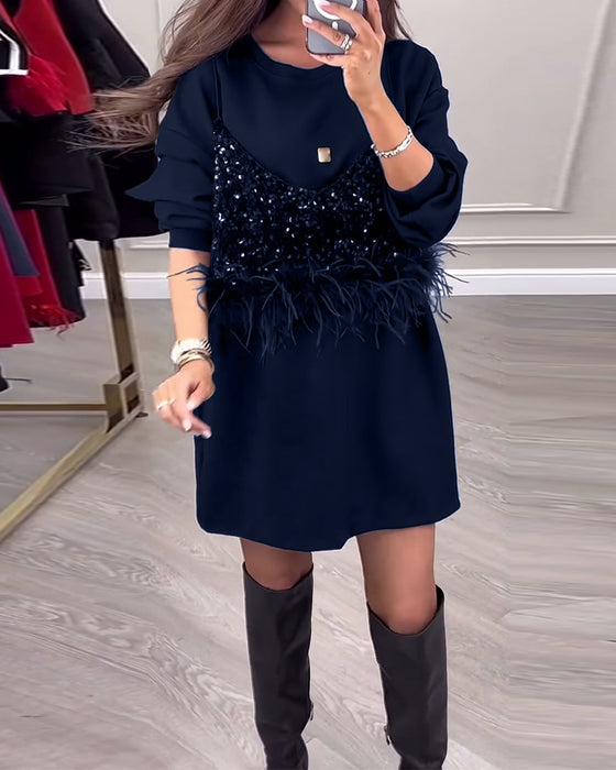 Mode effen kleur jurk met pailletten en veren patchwork