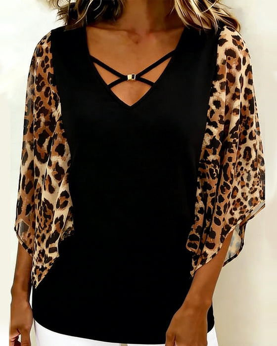 Blouse Vleermuismouw Luipaardprint Patchwork