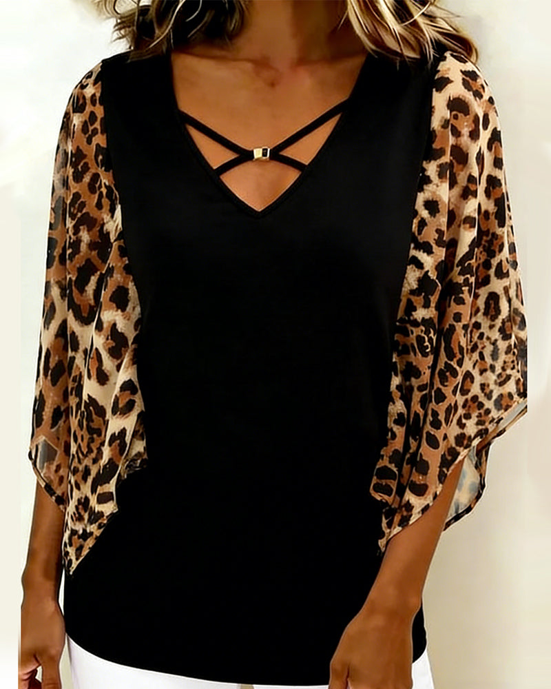 Blouse Vleermuismouw Luipaardprint Patchwork