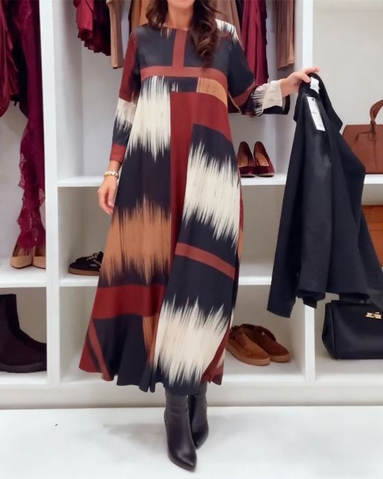 Modieuze Gedrukte Jurk Met Ronde Hals En Lange Mouwen