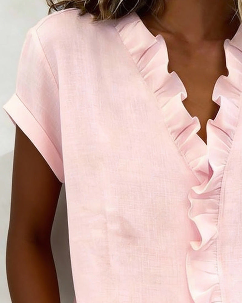 Blouse Met Korte Mouwen Van Puur Katoen En Rucheskraag