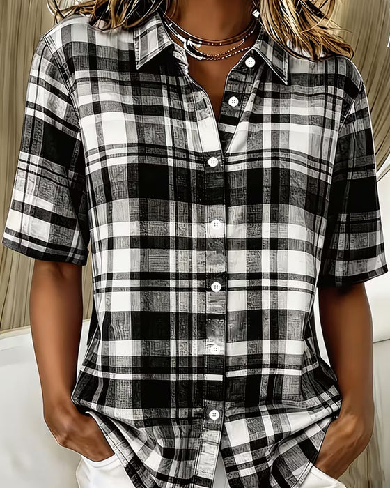 Overhemd Reverse Geruit Korte Mouw Casual