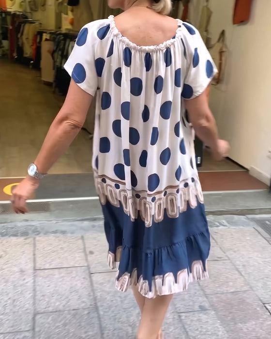 Jurk Vierkante Hals Grote Stip Ruffle Contrast