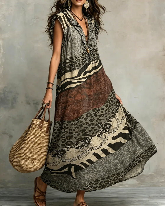 Jurk V-Hals Ruche Patroon Patchwork