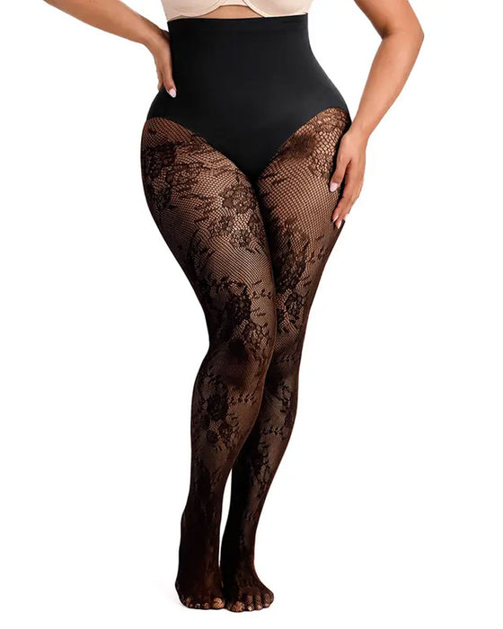 Dames vormende panty met hoge taille en bloemenkant