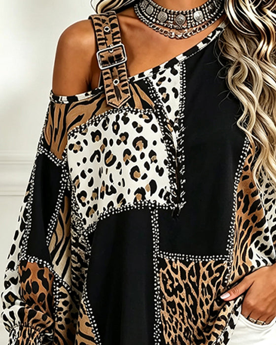 Blouse Luipaard Print Patchwork Asymmetrische Hals Lange Mouw