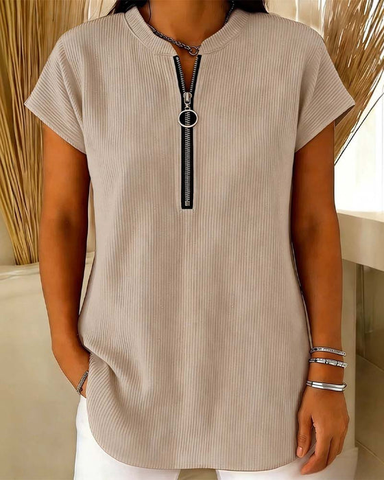 Blouse Effen Korte Mouw Rits