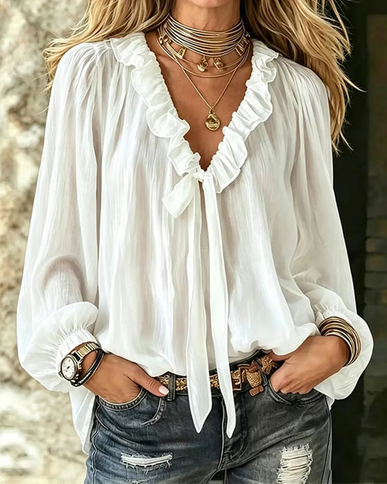 Blouse Ruffle Kraag Strik Lange Mouw