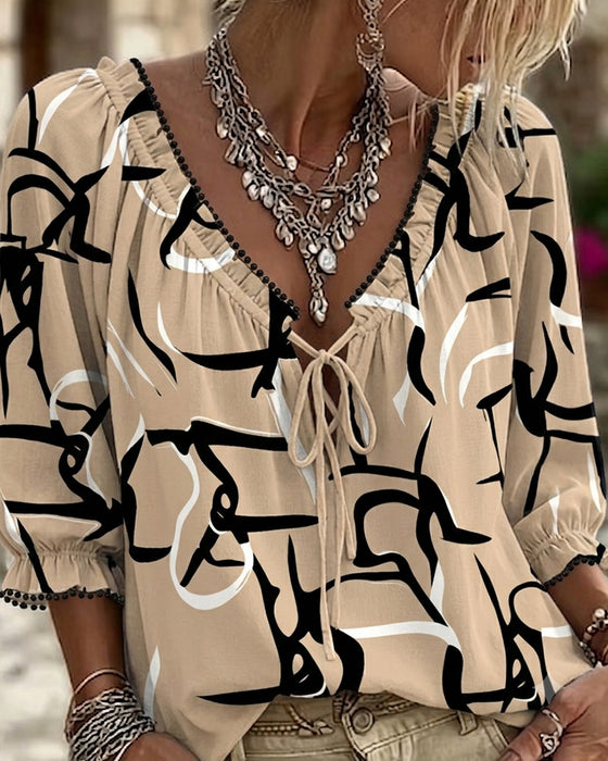 Blouse Abstracte Print V-Hals Vetersluiting