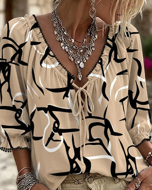 Blouse Abstracte Print V-Hals Vetersluiting
