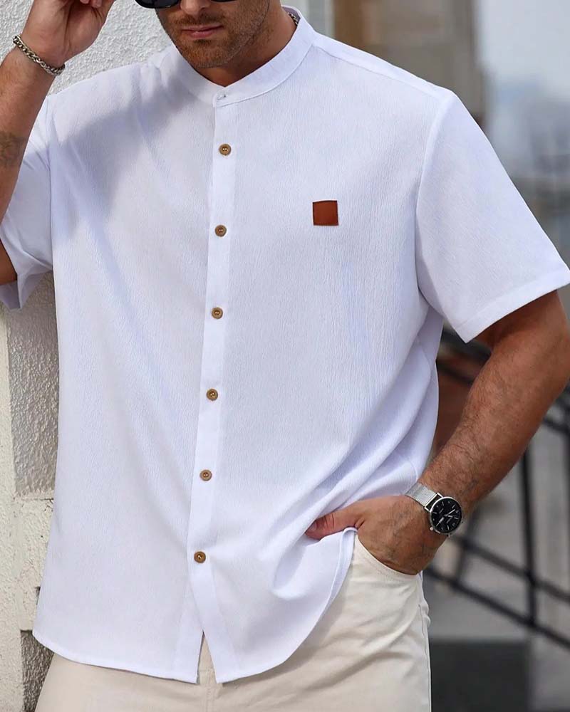 Shirt Gestructureerde Opstaande Kraag Korte Mouw
