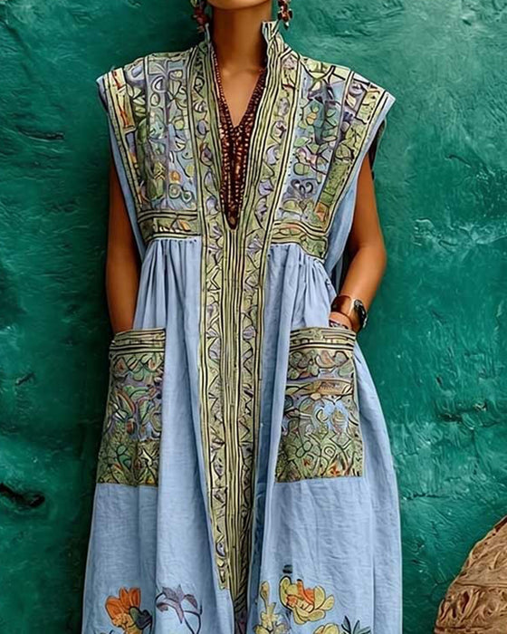 Jurk Retro Print Zak Mouwloos Lang