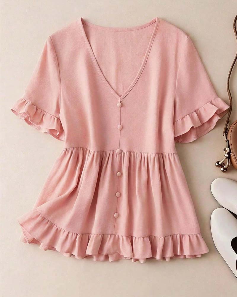 Blouse V-Hals Ruffle Parel Knoop