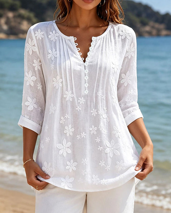 Blouse Knoop Voor Gerimpeld Bloemig Effen