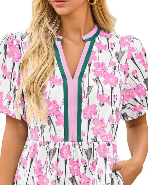 Jurk V-Hals Bloemen Ballon Mouw Patchwork