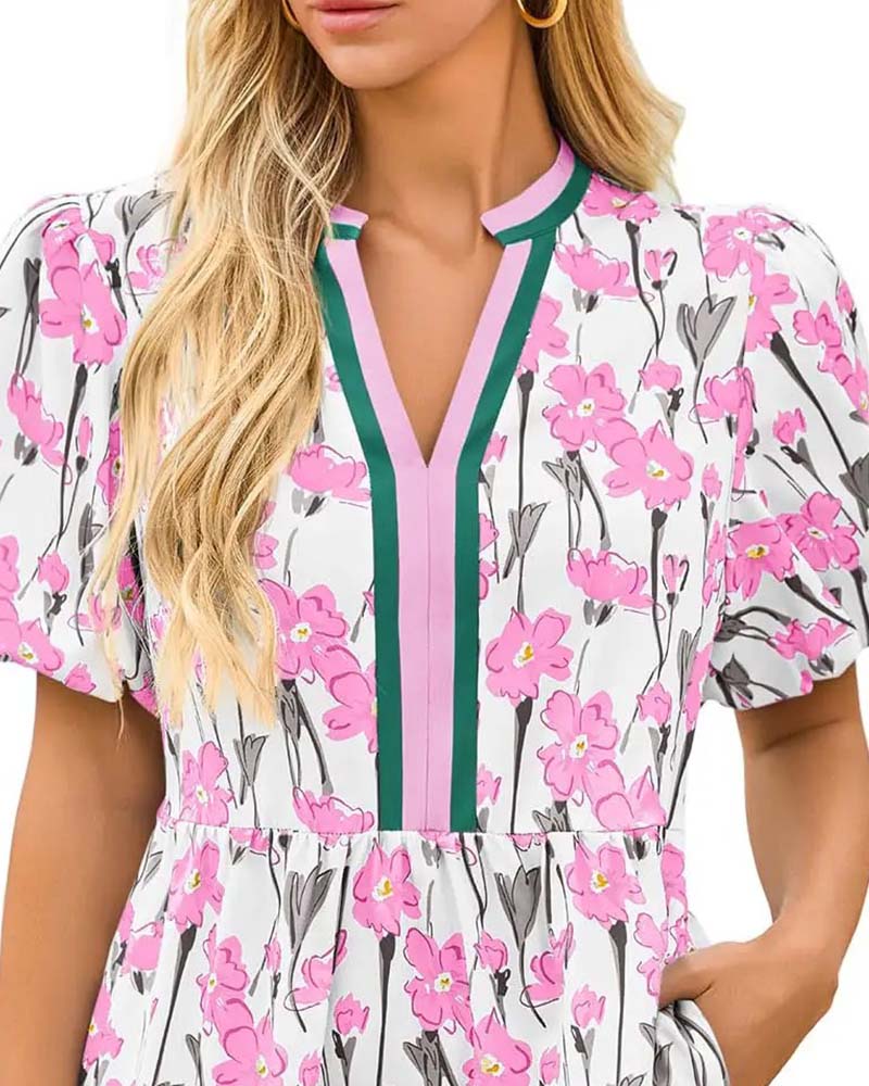 Jurk V-Hals Bloemen Ballon Mouw Patchwork