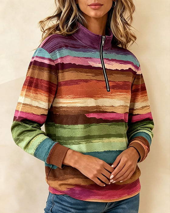 Sweatshirt Vintage Kleurrijk Gestreept Halve Rits Staande Kraag Lange Mouw