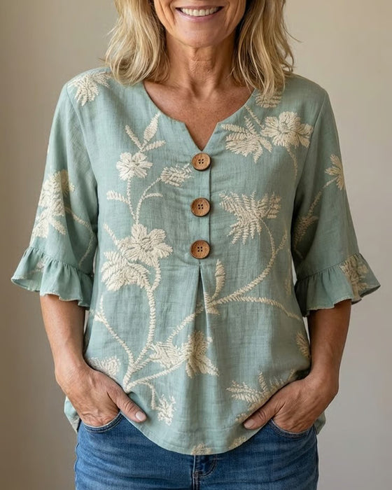 Blouse Ruche Mouw Drie-Knoop Loose Fit