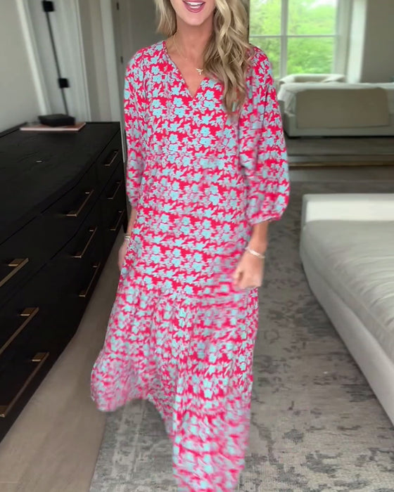 Bloemenjurk met V-hals en lantaarnmouwen