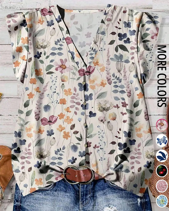 Blouse Met V-Hals En Bedrukte Ruche-Mouwen
