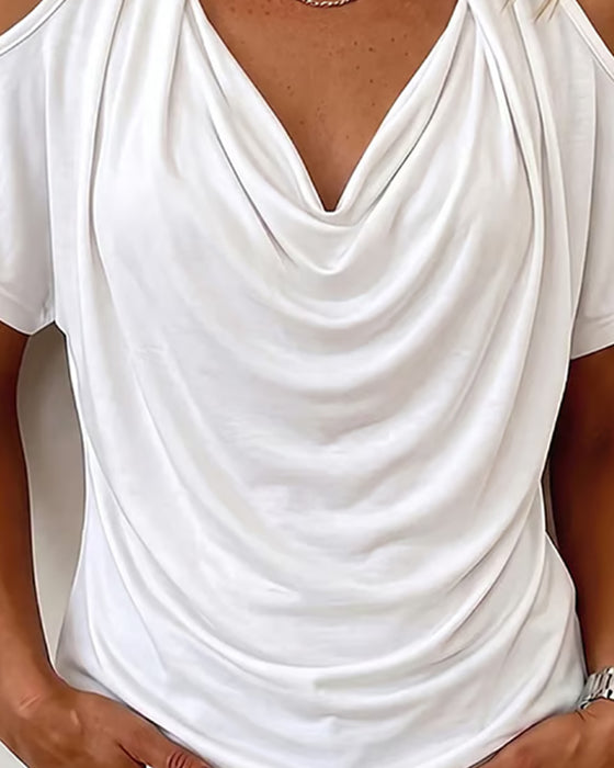 T-Shirt Halter Off-Shoulder Gedrapeerd Korte Mouw