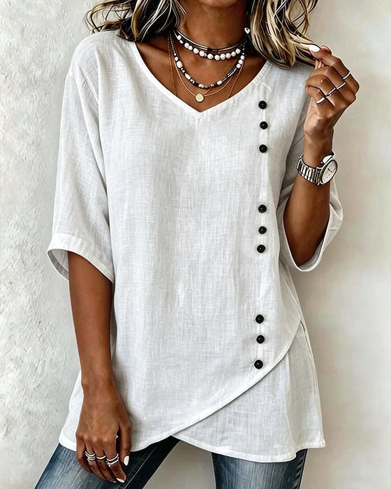 Blouse Knoop Asymmetrisch Knoopsluiting V-Hals Onregelmatige Zoom