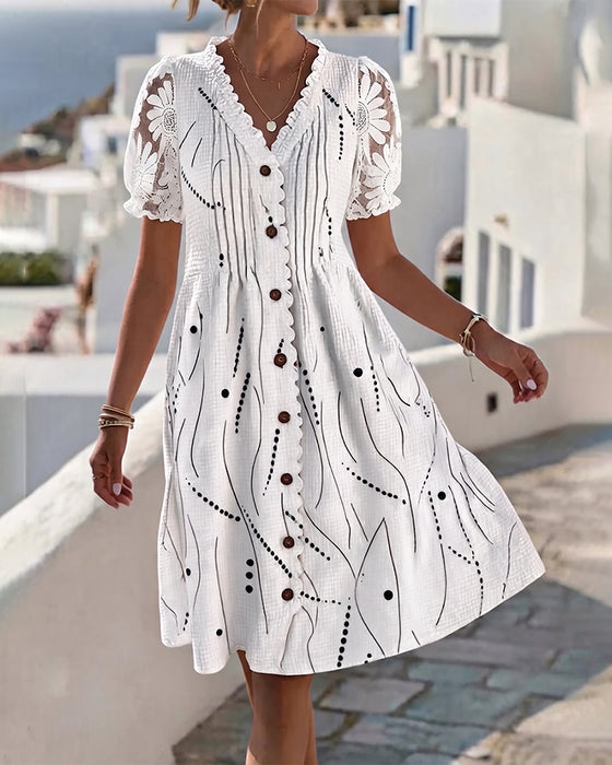 Jurk Ballon Mouw Kant Patchwork Print