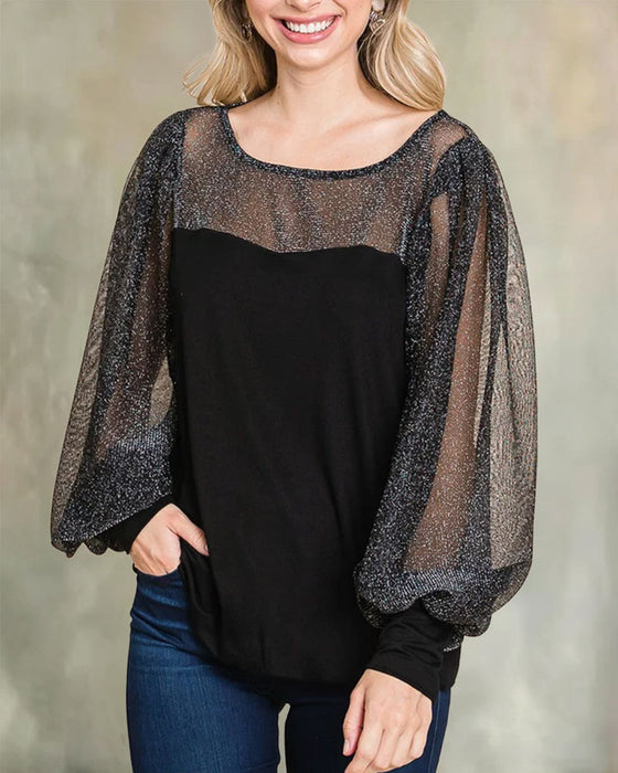 Blouse Sheer Pofmouw Paneel Relaxed